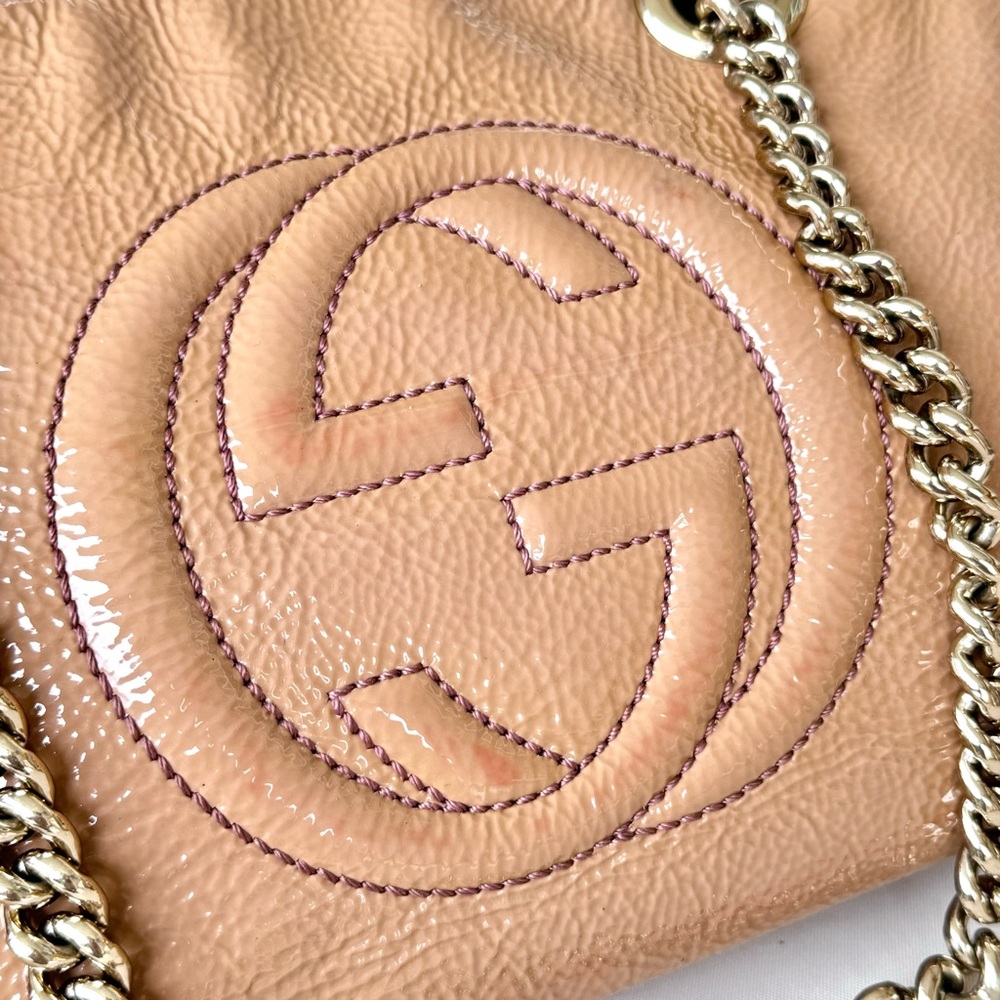 Gucci SoHo Small Tan Patent Leather Top Zip Chain Strap Tassel Shoulder Bag - Picture 7 of 17